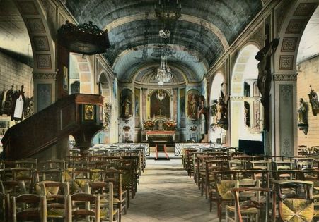 Eglise de Lacanau, ancienne décoration (carte postale ancienne colorisée)