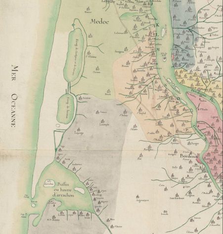 détail de la carte des capitaineries de la garde-côte du Médoc au 18e siècle (teinte mauve : la limite septentrionale de la capitainerie de Buch)